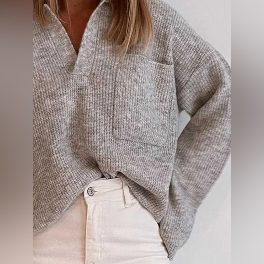 Full Size Johnny Collar Dropped Shoulder Sweater Plus Size - Picture 2 of 3